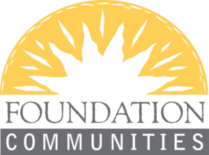 Logo for Foundation Communities, a nonprofit in Austin. Features grey text and a yellow sun.